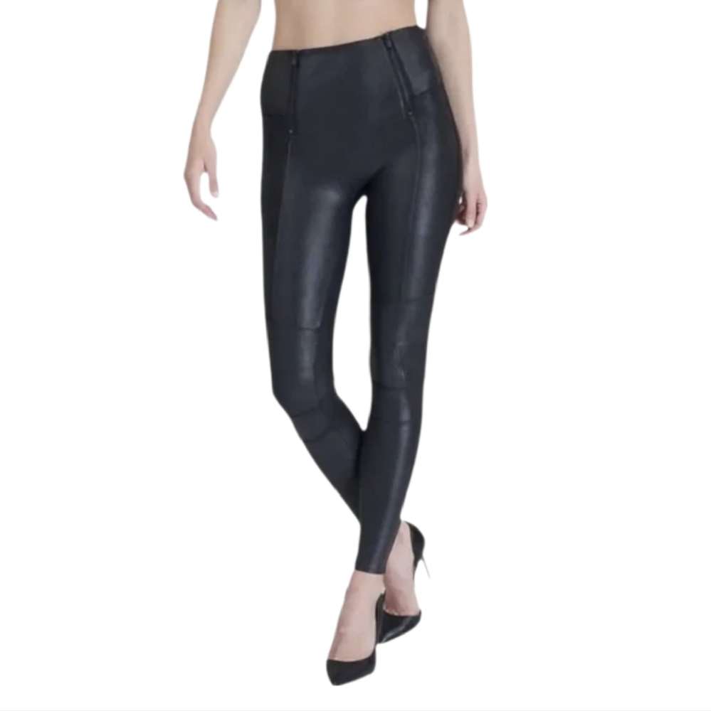 SPANX Women’s‎ Black Faux Leather Hip-Zip Stretch Slimming Leggings Small
